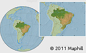 Satellite Location Map of Brazil, savanna style outside, hill shading