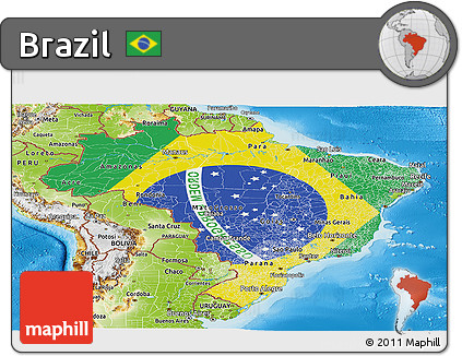 Flag Panoramic Map of Brazil, physical outside, flag aligned to the middle
