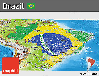 Flag Panoramic Map of Brazil, physical outside, flag aligned to the middle