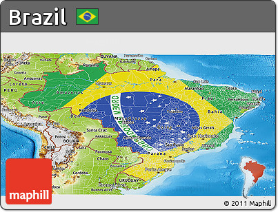 Flag Panoramic Map of Brazil, physical outside, flag aligned to the middle