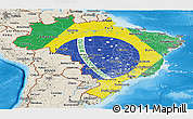 Flag Panoramic Map of Brazil, shaded relief outside, flag aligned to the middle