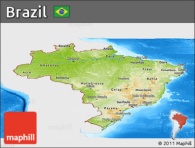 Physical Panoramic Map of Brazil, single color outside, bathymetry sea