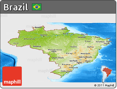 Physical Panoramic Map of Brazil, single color outside, bathymetry sea