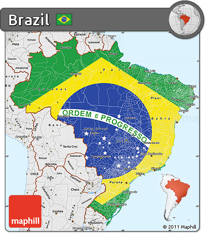 Flag Simple Map of Brazil, single color outside, borders and labels, flag centered
