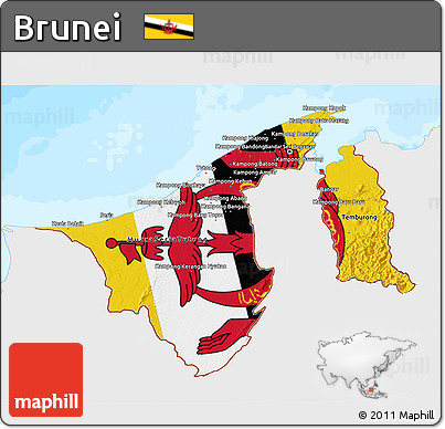 Flag 3D Map of Brunei, single color outside, bathymetry sea, flag aligned to the middle