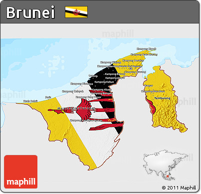 Flag 3D Map of Brunei, single color outside, bathymetry sea, flag rotated