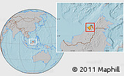 Political Location Map of Brunei, gray outside, hill shading