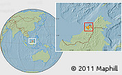 Political Location Map of Brunei, savanna style outside, hill shading