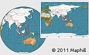 Satellite Location Map of Brunei, highlighted continent, within the entire continent