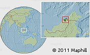 Satellite Location Map of Brunei, savanna style outside, hill shading