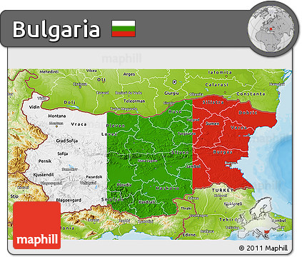 Flag 3D Map of Bulgaria, physical outside, bathymetry sea, flag aligned to the middle