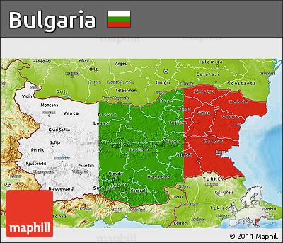 Flag 3D Map of Bulgaria, physical outside, bathymetry sea, flag aligned to the middle