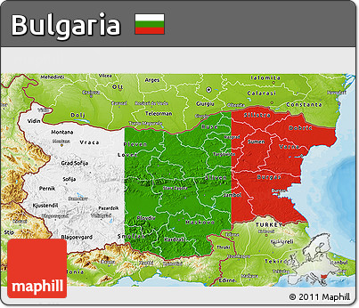 Flag 3D Map of Bulgaria, physical outside, bathymetry sea, flag aligned to the middle