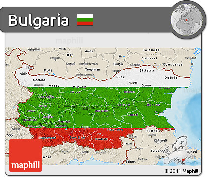 Flag 3D Map of Bulgaria, shaded relief outside, flag centered