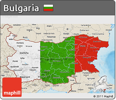 Flag 3D Map of Bulgaria, shaded relief outside, flag aligned to the middle