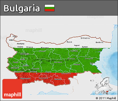 Flag 3D Map of Bulgaria, single color outside, shaded relief sea, flag centered