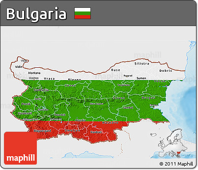Flag 3D Map of Bulgaria, single color outside, shaded relief sea, flag centered