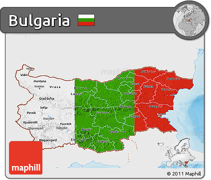 Flag 3D Map of Bulgaria, single color outside, shaded relief sea, flag aligned to the middle