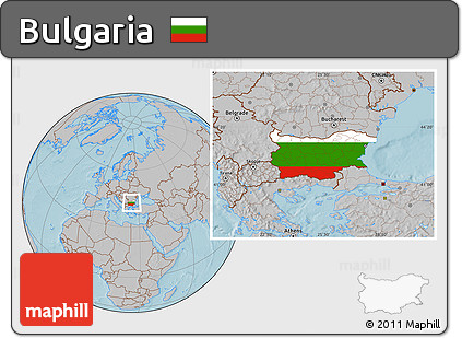 Flag Location Map of Bulgaria, gray outside, hill shading outside