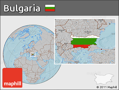 Flag Location Map of Bulgaria, gray outside, hill shading outside