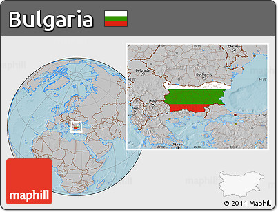Flag Location Map of Bulgaria, gray outside, hill shading outside
