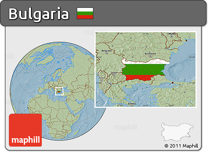 Flag Location Map of Bulgaria, savanna style outside, hill shading outside