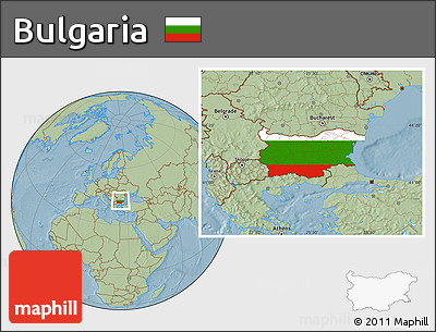 Flag Location Map of Bulgaria, savanna style outside, hill shading outside