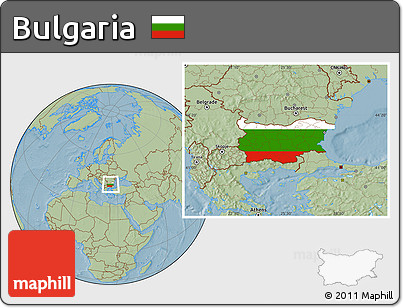 Flag Location Map of Bulgaria, savanna style outside, hill shading outside