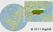Flag Location Map of Bulgaria, savanna style outside, hill shading outside