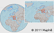 Gray Location Map of Bulgaria, within the entire continent, hill shading