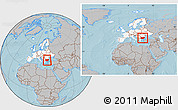 Gray Location Map of Bulgaria, highlighted continent, within the entire continent, hill shading