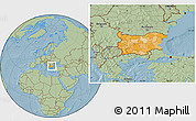 Political Location Map of Bulgaria, savanna style outside, hill shading