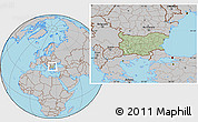 Savanna Style Location Map of Bulgaria, gray outside, hill shading inside