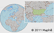 Savanna Style Location Map of Bulgaria, gray outside, hill shading outside