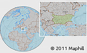 Savanna Style Location Map of Bulgaria, gray outside, hill shading