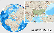 Savanna Style Location Map of Bulgaria, shaded relief outside, hill shading