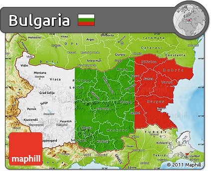Flag Map of Bulgaria, physical outside, flag aligned to the middle