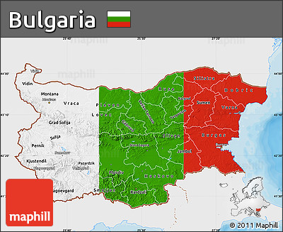 Flag Map of Bulgaria, single color outside, bathymetry sea, shaded relief sea, flag aligned to the middle