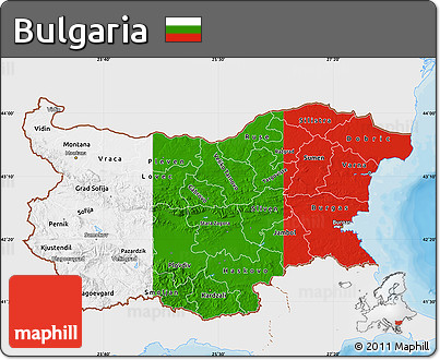 Flag Map of Bulgaria, single color outside, bathymetry sea, shaded relief sea, flag aligned to the middle