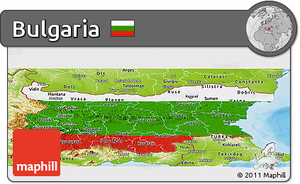 Flag Panoramic Map of Bulgaria, physical outside, bathymetry sea, flag centered