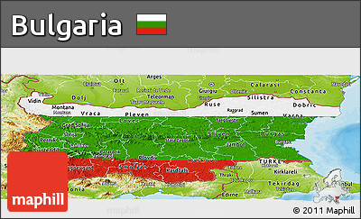 Flag Panoramic Map of Bulgaria, physical outside, bathymetry sea, flag centered