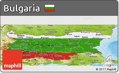 Flag Panoramic Map of Bulgaria, physical outside, bathymetry sea, flag centered