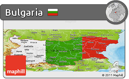 Flag Panoramic Map of Bulgaria, physical outside, bathymetry sea, flag aligned to the middle