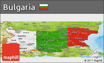 Flag Panoramic Map of Bulgaria, physical outside, bathymetry sea, flag aligned to the middle
