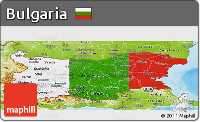 Flag Panoramic Map of Bulgaria, physical outside, bathymetry sea, flag aligned to the middle