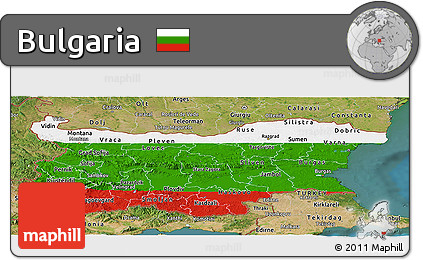 Flag Panoramic Map of Bulgaria, satellite outside, flag centered