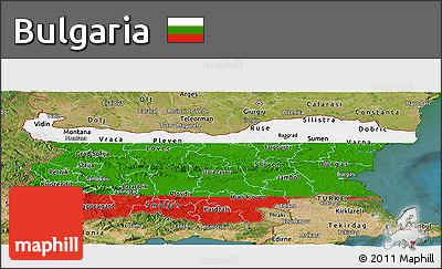 Flag Panoramic Map of Bulgaria, satellite outside, flag centered