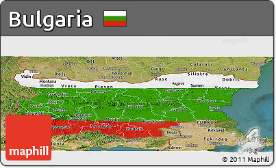 Flag Panoramic Map of Bulgaria, satellite outside, flag centered
