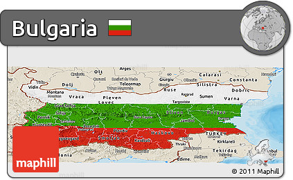 Flag Panoramic Map of Bulgaria, shaded relief outside, bathymetry sea