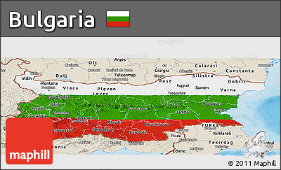 Flag Panoramic Map of Bulgaria, shaded relief outside, bathymetry sea